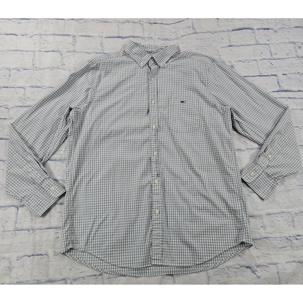 Vineyard Vines Classic Fit Tucker Shirt Mens L Gray Gingham Whale Logo Button